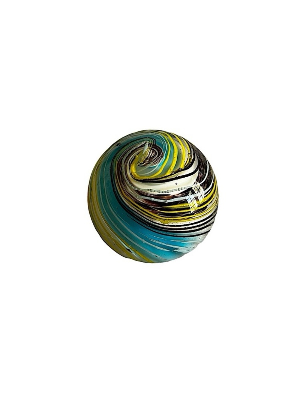 Swirled Glass Art Sphere in Turquoise, Yellow & Black